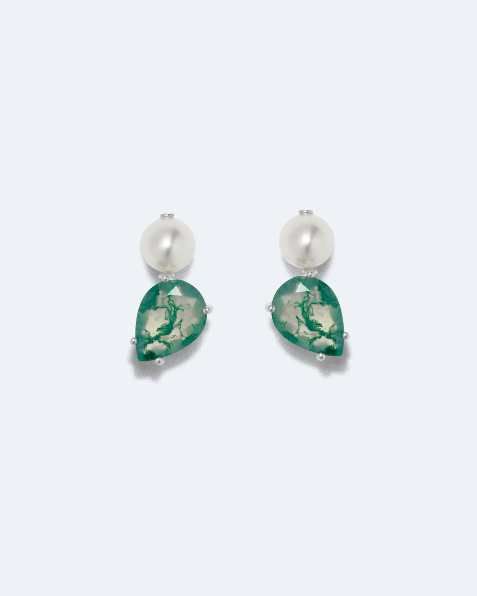 Tales of the Moon II - Pearl and Moss Agate Recycled Silver Earrings