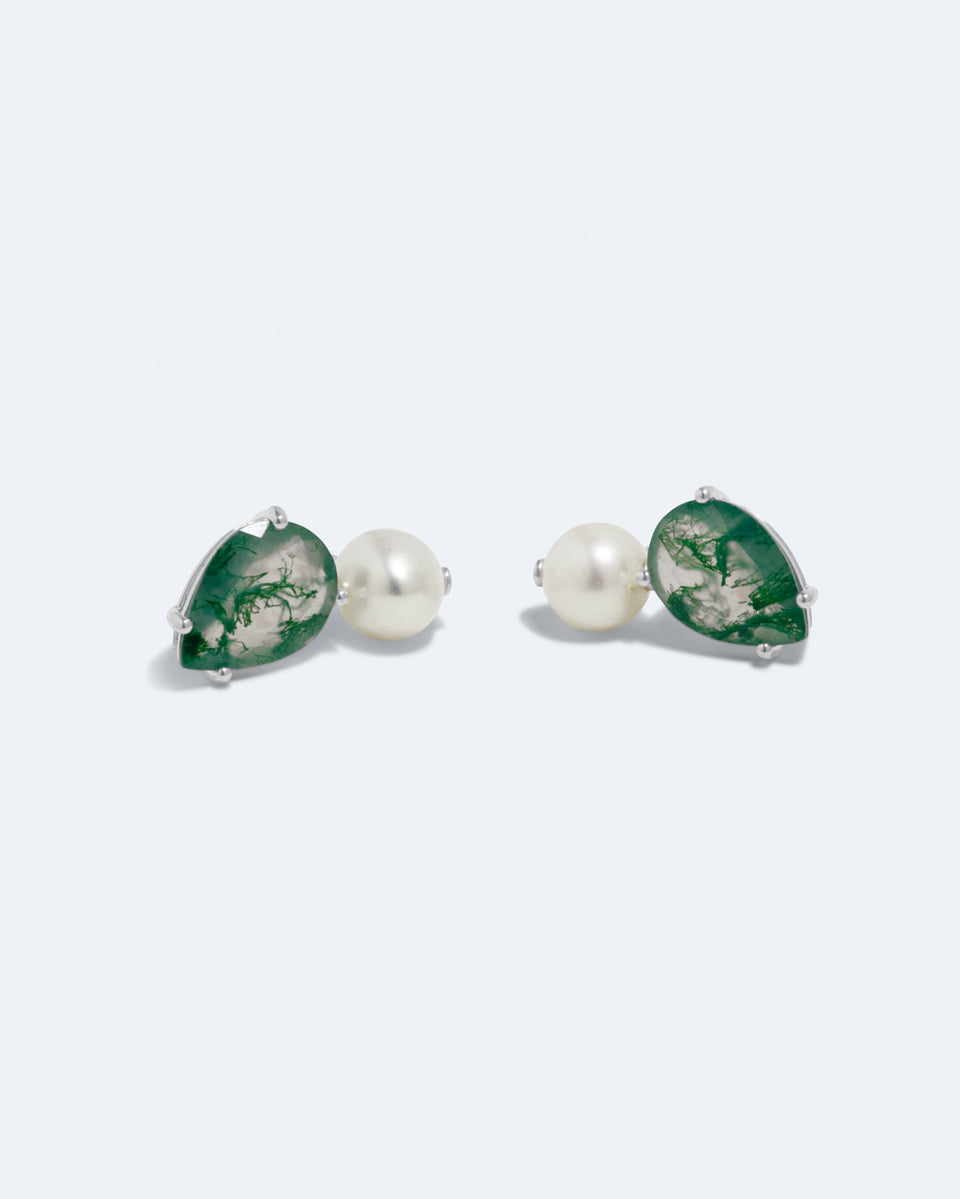 Tales of the Moon II - Pearl and Moss Agate Recycled Silver Earrings