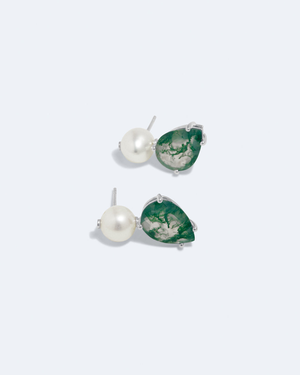 Tales of the Moon II - Pearl and Moss Agate Recycled Silver Earrings