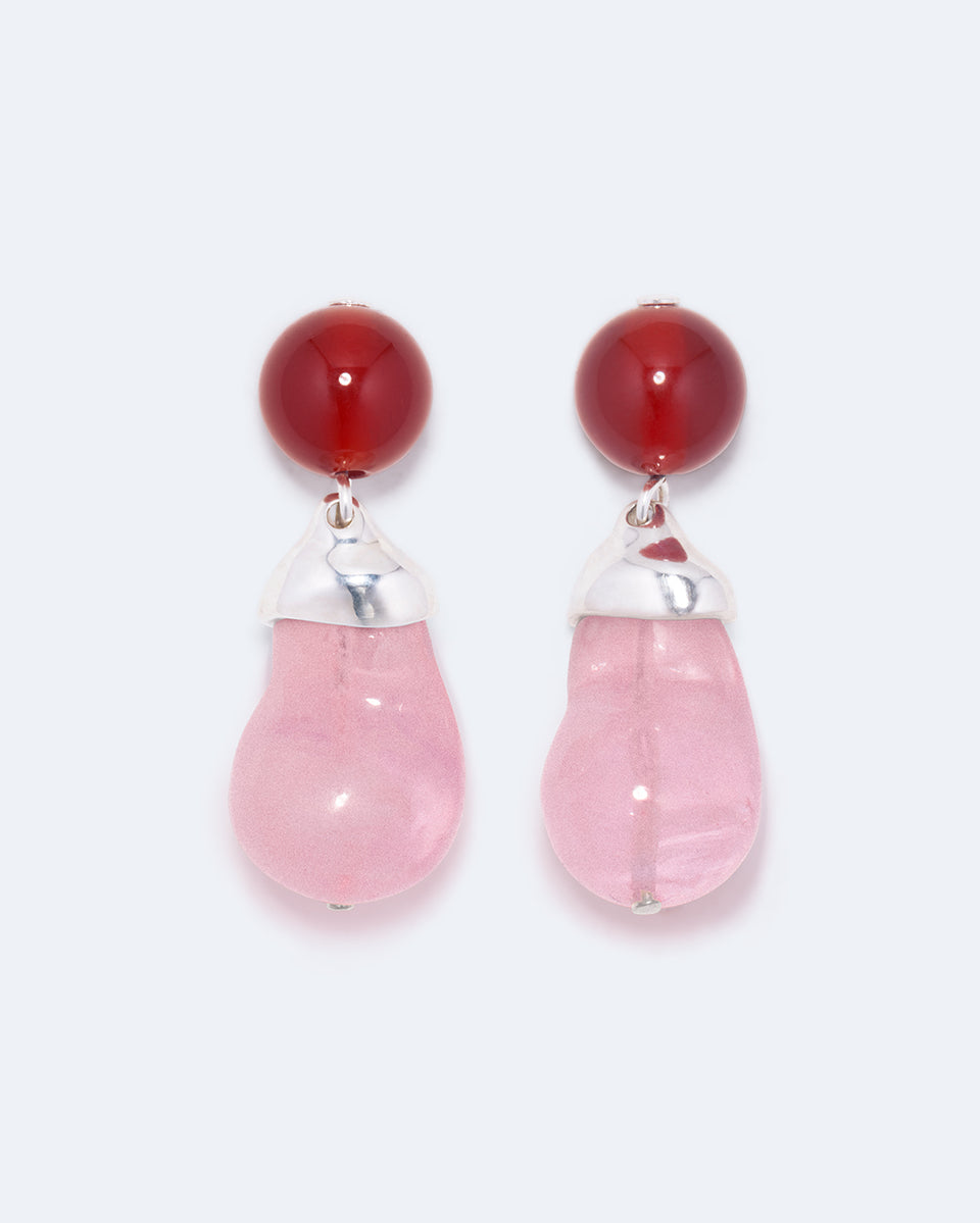 Beak - Pink Resin and Red Lace Agate Recycled Silver Earrings