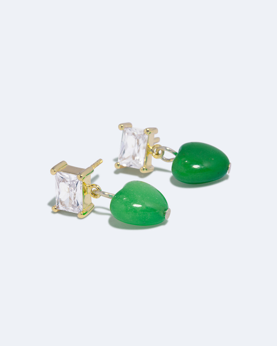 The Heart's Window - Green Heart Bead and Zirconia Recycled Gold Vermeil Earrings