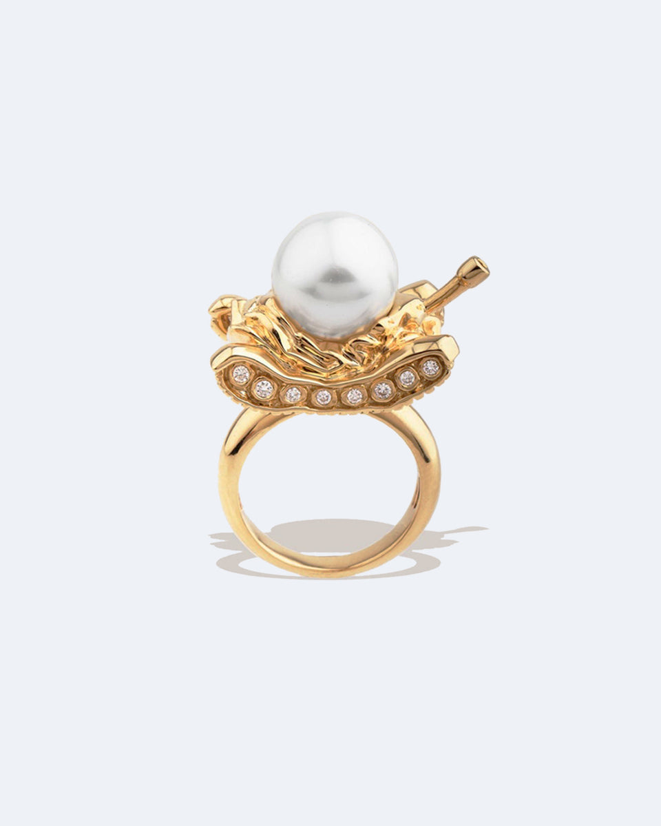 A Portrait of the Twentieth Century - 18 Carat Gold, 0.243ct Diamond and South-Sea Pearl Ring