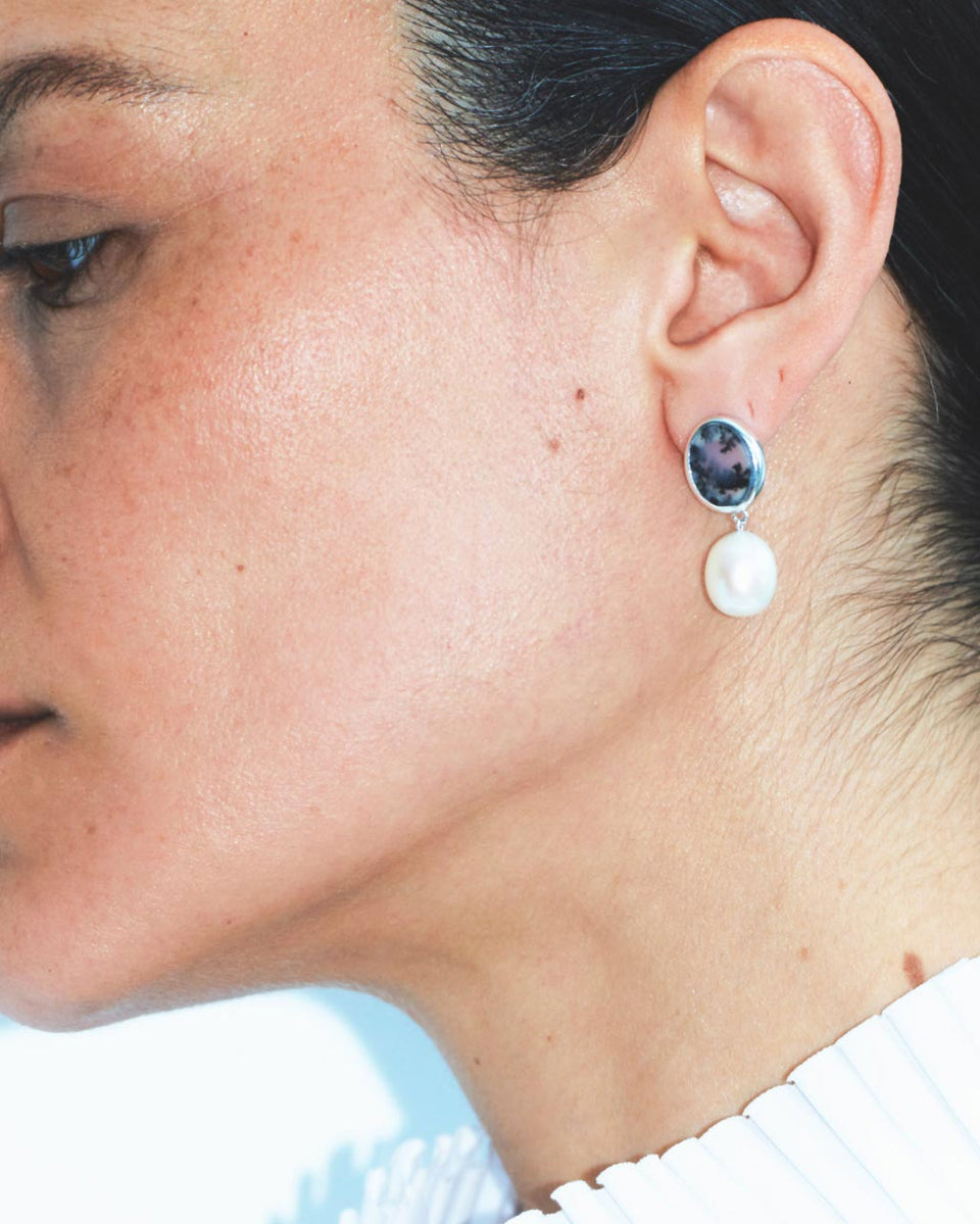 Heath - Pearl and Dendritic Agate Recycled Silver Earrings