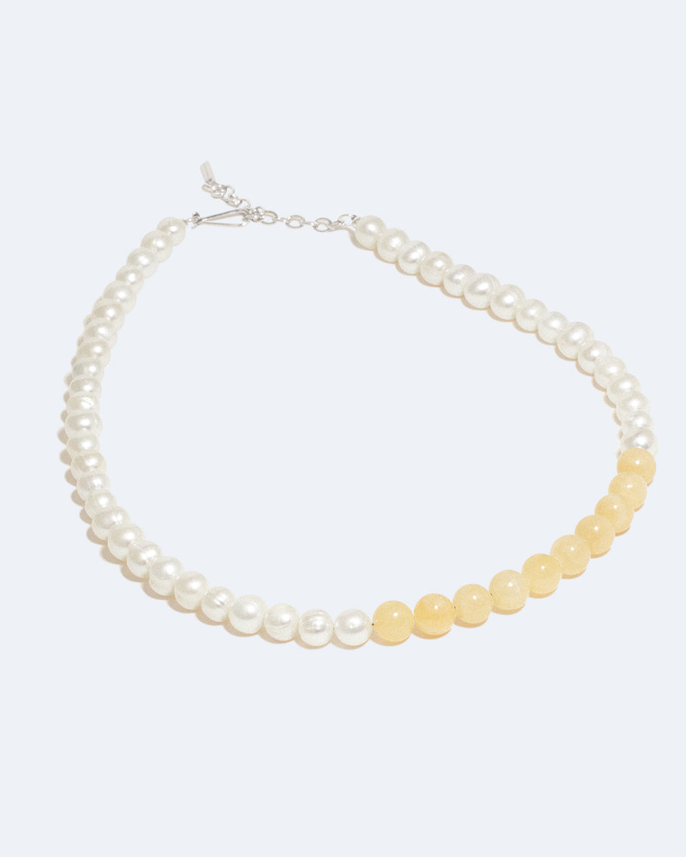 So Far So Good - Pearl and Yellow Jade Bead Platinum Plated Necklace