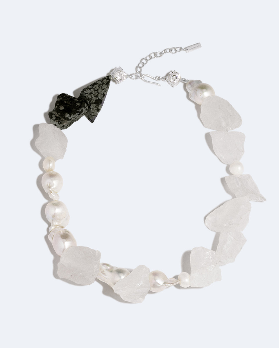 Rock Bottom - Pearl, Zirconia, Snowflake Obsidian and Rock Crystal Recycled Silver Necklace