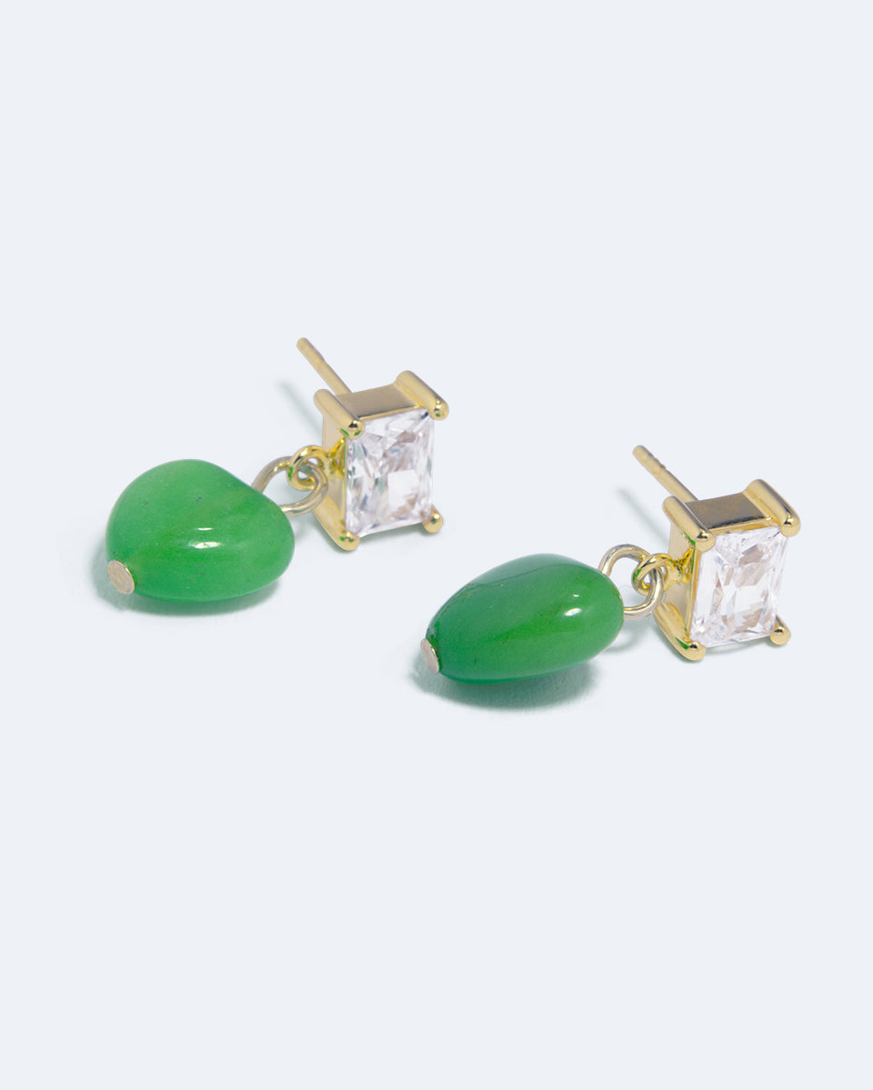 The Heart's Window - Green Heart Bead and Zirconia Recycled Gold Vermeil Earrings