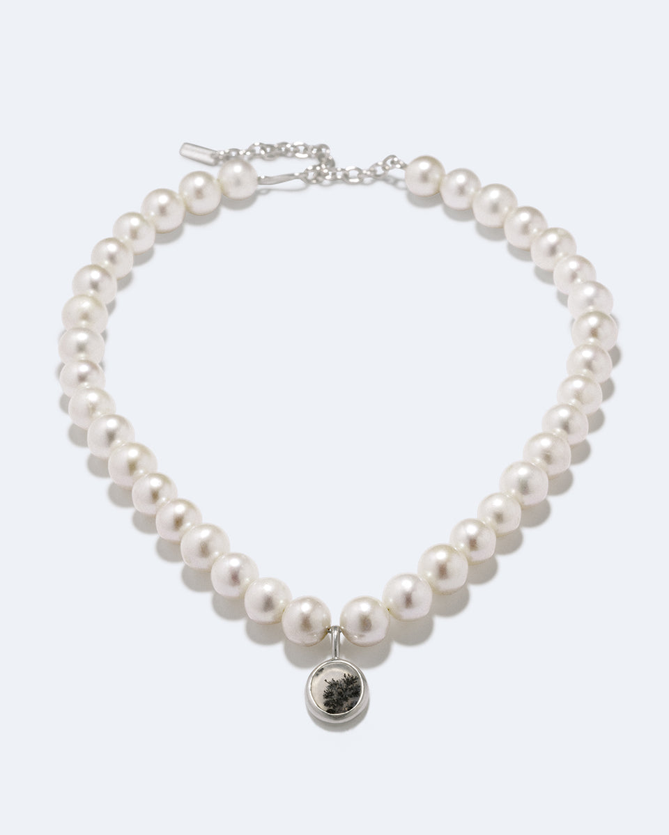 Heath - Pearl and Dendritic Agate Recycled Silver Necklace