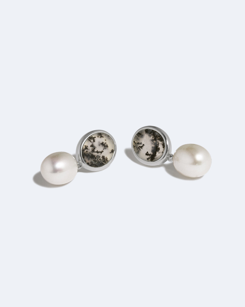 Heath - Pearl and Dendritic Agate Recycled Silver Earrings