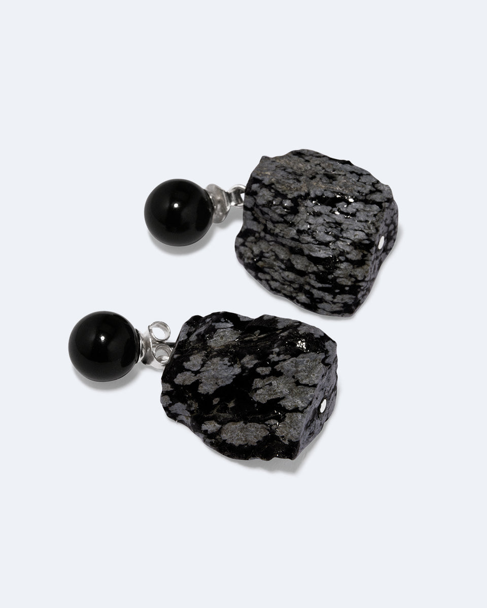 The Way Light Steals - Onyx and Snowflake Obsidian Recycled Silver Earrings
