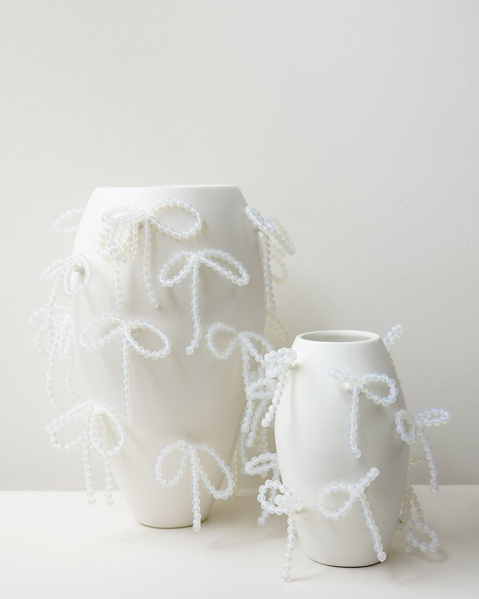 "Notsobig" Power, Corruption, Lies - Small Vase In Matte White w/ Iridescent Opalite Bows