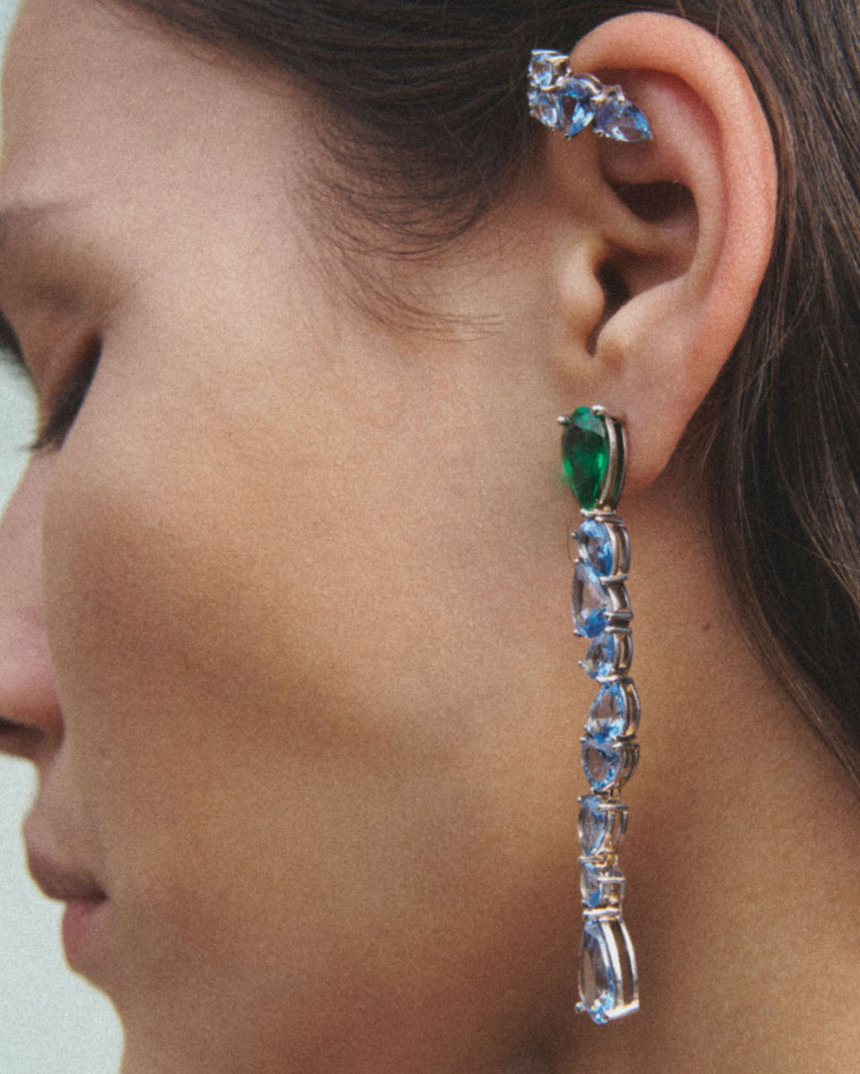 Bolt from the Blue - Emerald Zirconia and Synthetic Blue Spinel Recycled Silver Earrings