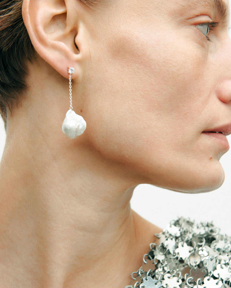 Suspended Boulder - Pearl and Zirconia Recycled Silver Earrings