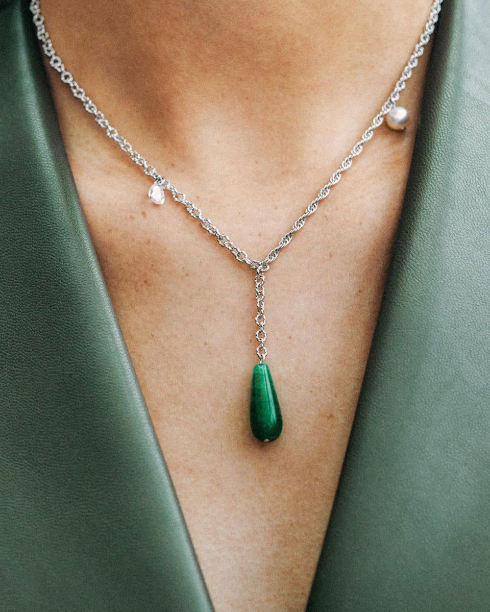 The Depths of Time - Pearl, Green Chalcedony and Zirconia Sterling Silver Necklace