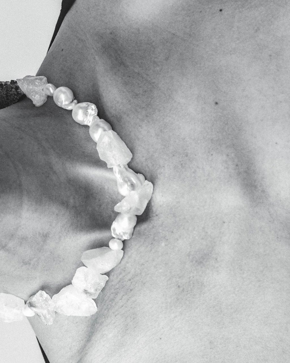 Rock Bottom - Pearl, Zirconia, Snowflake Obsidian and Rock Crystal Recycled Silver Necklace