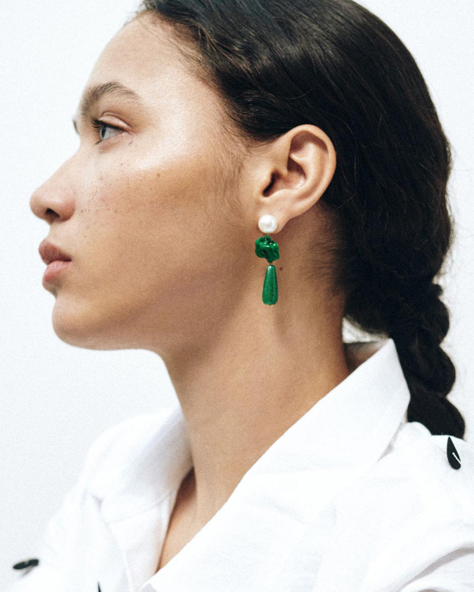 The Depths of Time - Pearl, Green Chalcedony and Enamel Recycled Gold Vermeil Earrings