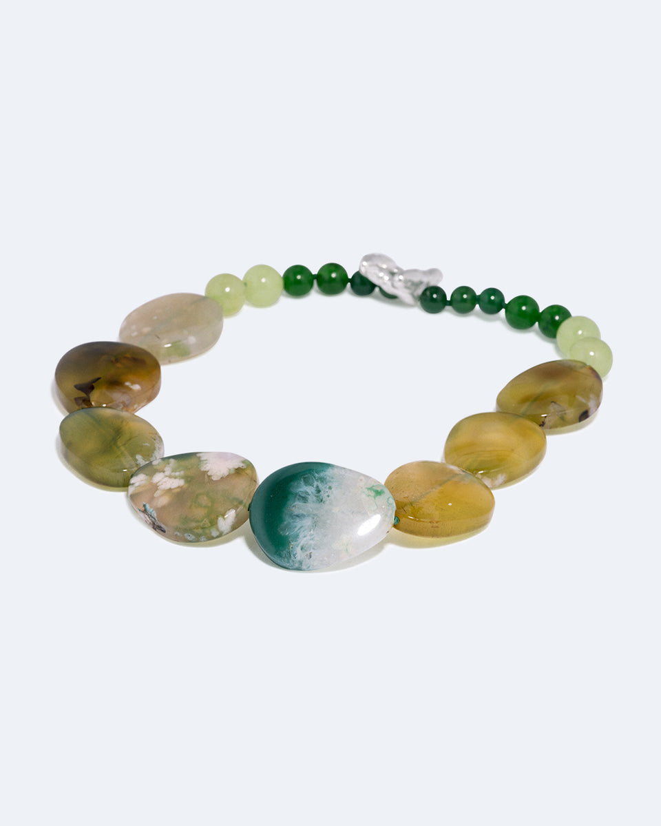 Time Will Say Nothing But "I Told You So" - Olive Cherry Blossom Agate and Green Calcite Silver Plated Necklace