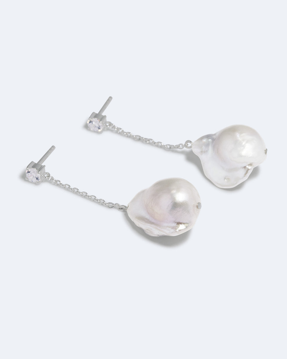 Suspended Boulder - Pearl and Zirconia Recycled Silver Earrings