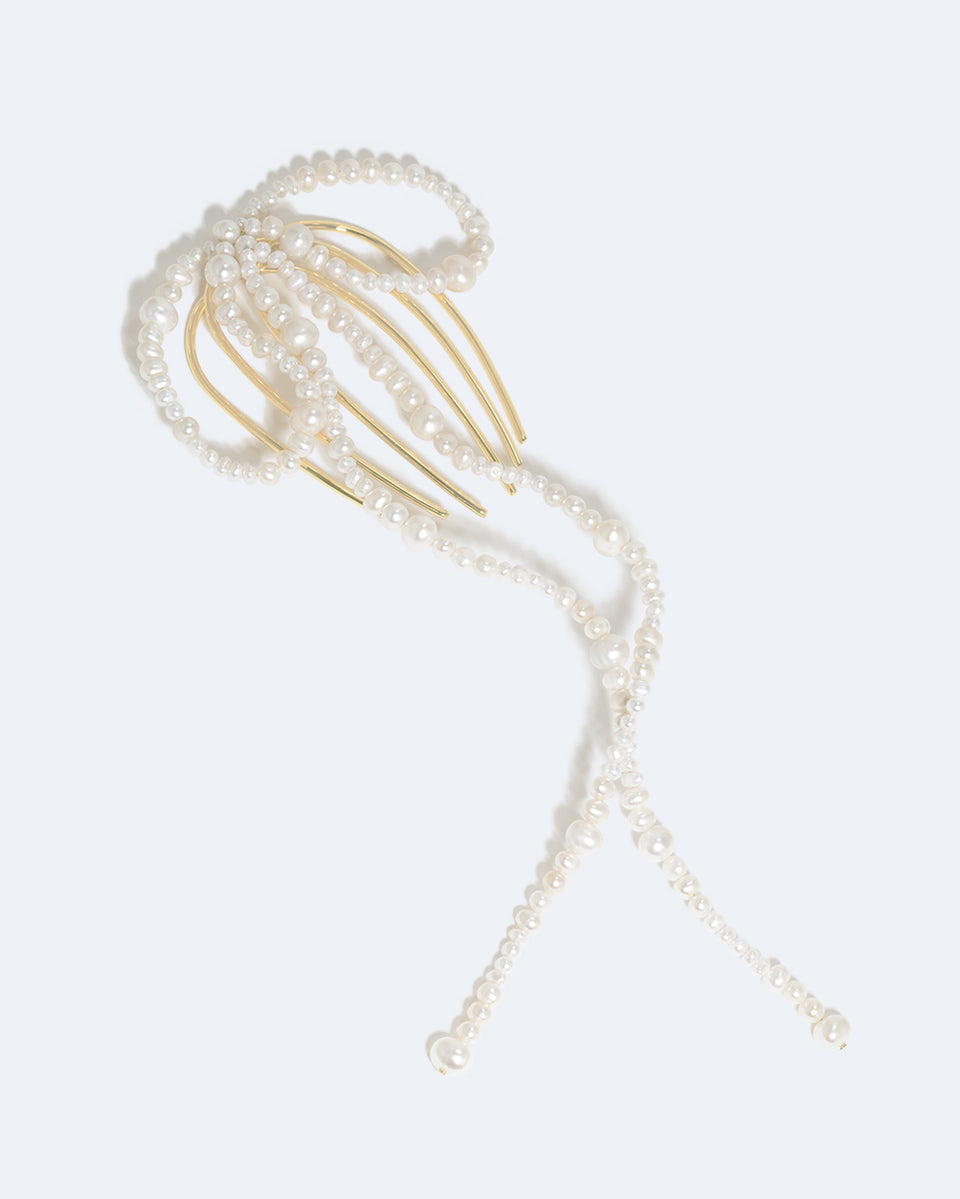 Jellyfish - Pearl and Gold Plated Long Bow Hair Comb
