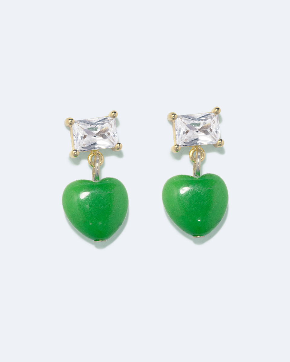 The Heart's Window - Green Heart Bead and Zirconia Recycled Gold Vermeil Earrings