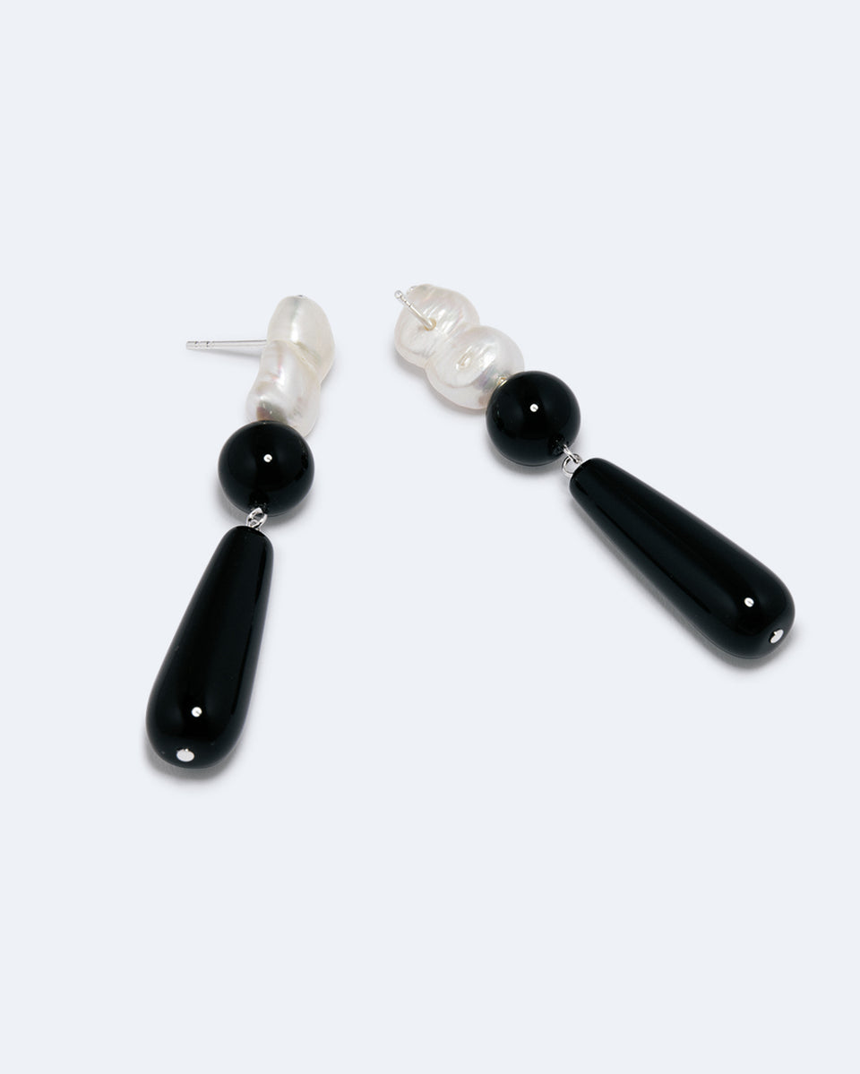 Tarn II - Pearl and Black Onyx Recycled Silver Earrings