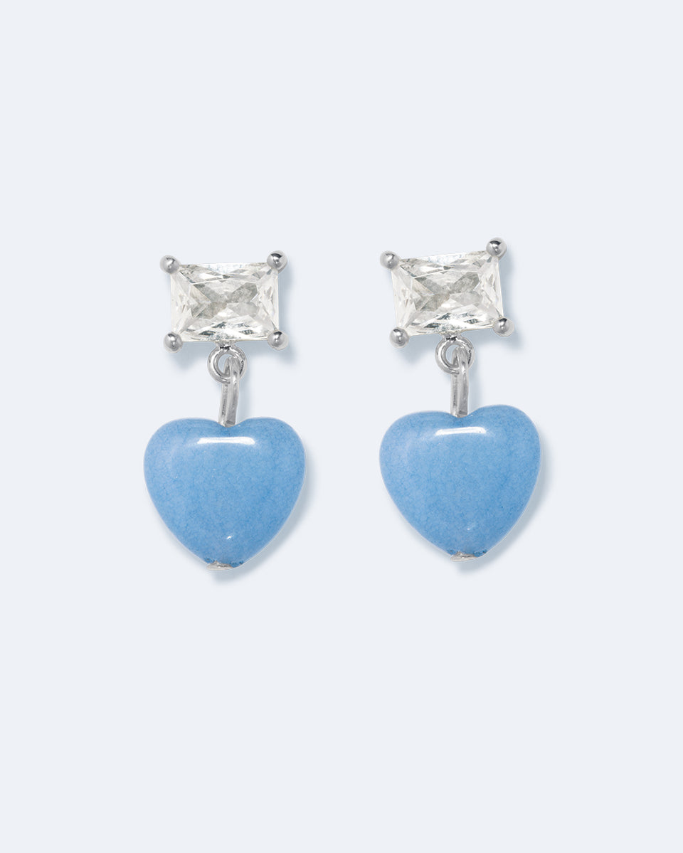 The Heart's Window - Blue Heart Bead and Zirconia Recycled Silver Earrings