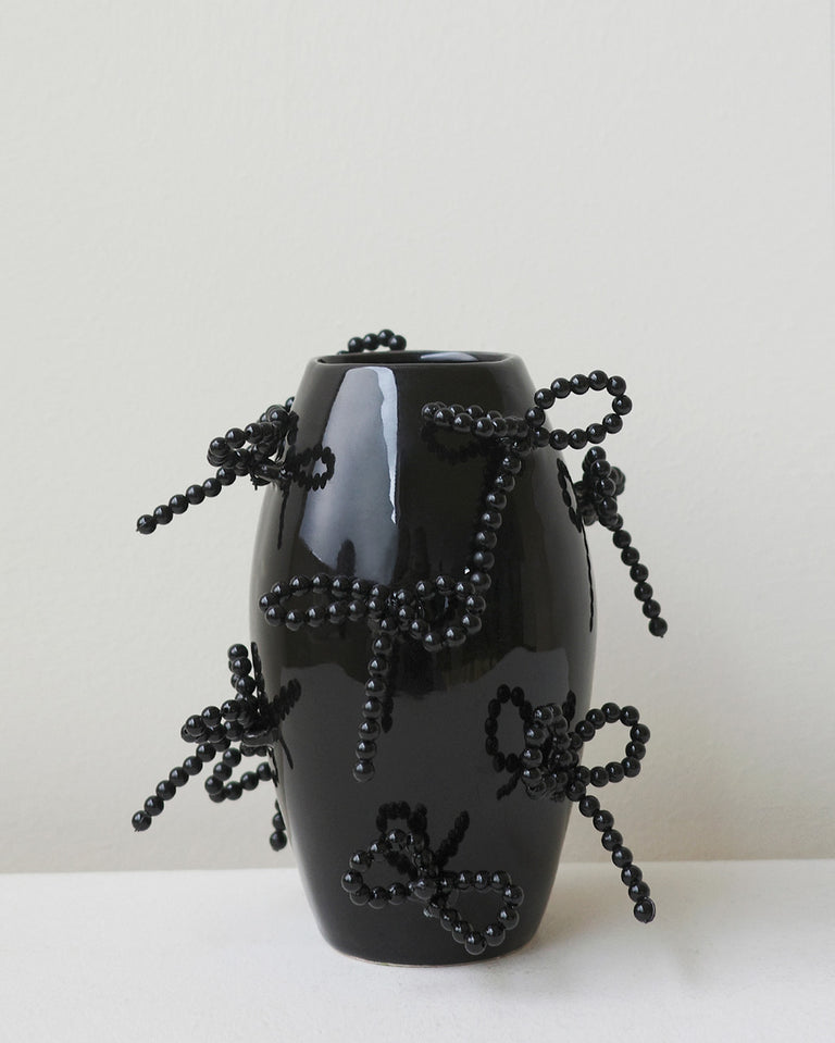 "Notsobig" Power, Corruption, Lies - Small Vase In Gloss Black w/ Faux Pearl Bows