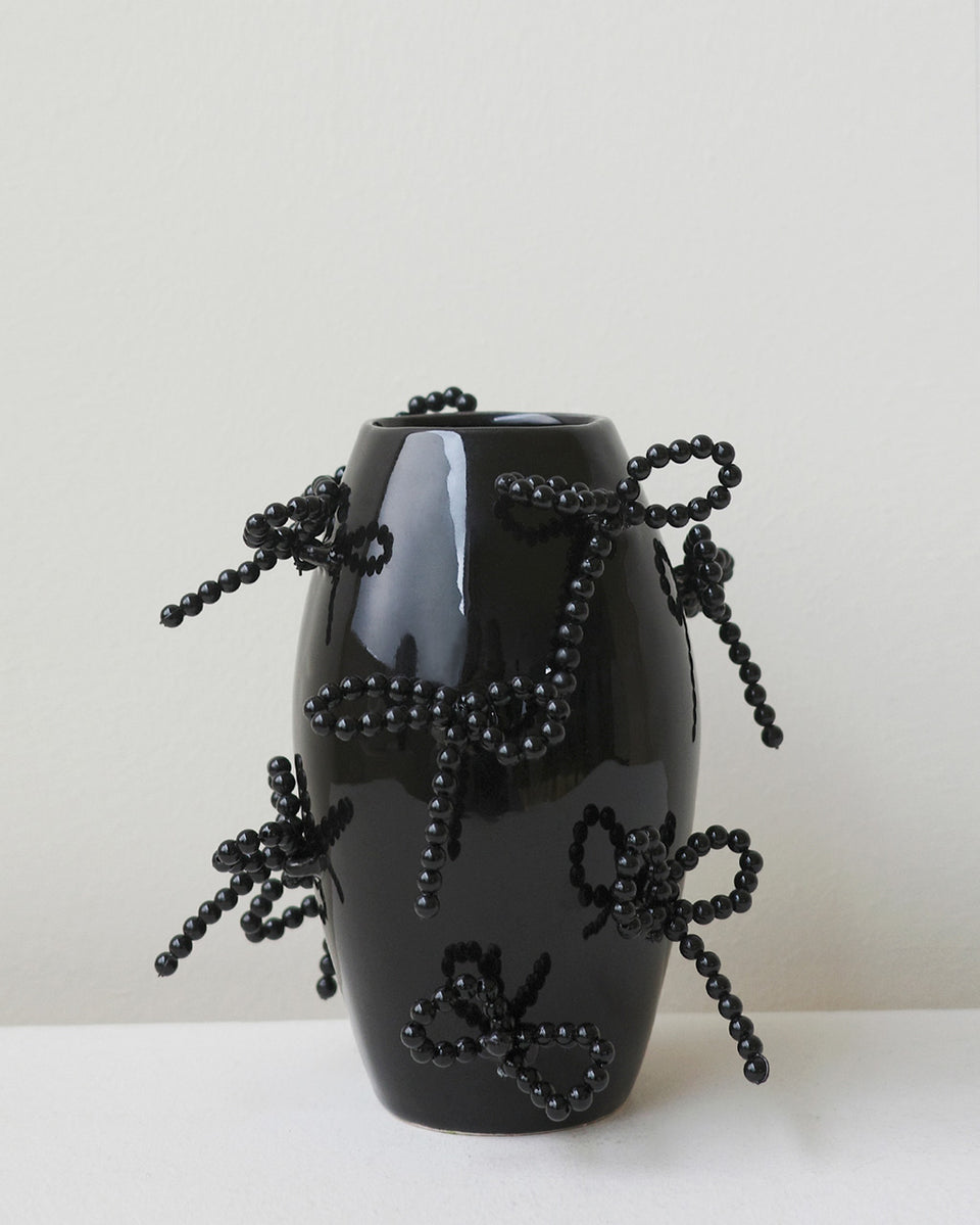 "Notsobig" Power, Corruption, Lies - Small Vase In Gloss Black w/ Faux Pearl Bows