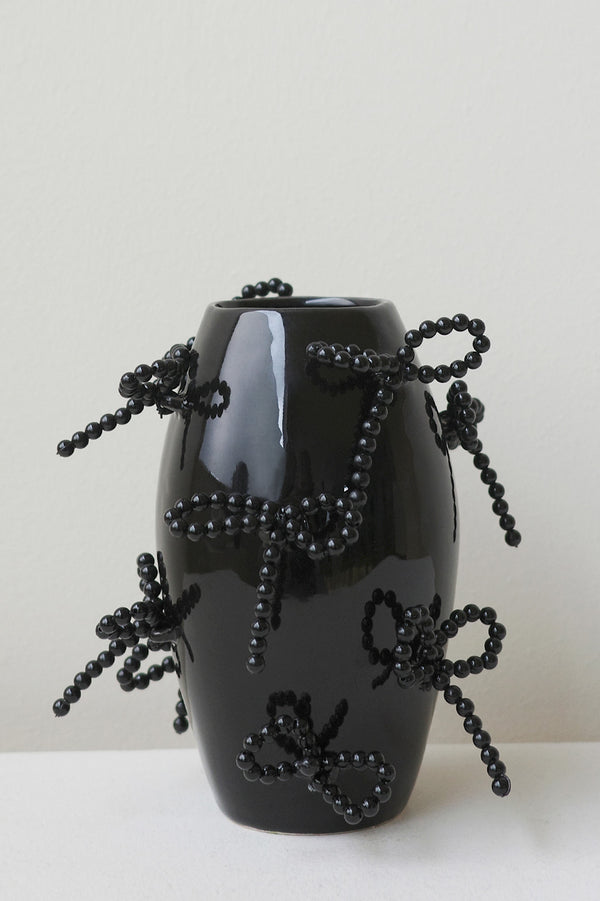 "Notsobig" Power, Corruption, Lies - Small Vase In Gloss Black w/ Faux Pearl Bows