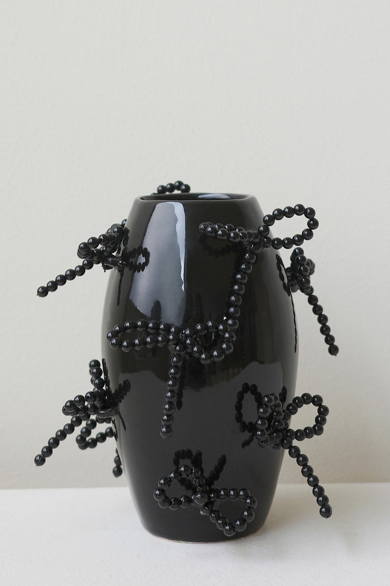 Pearly Pearl - Small Vase In Gloss Black w/ Faux Pearl Bows