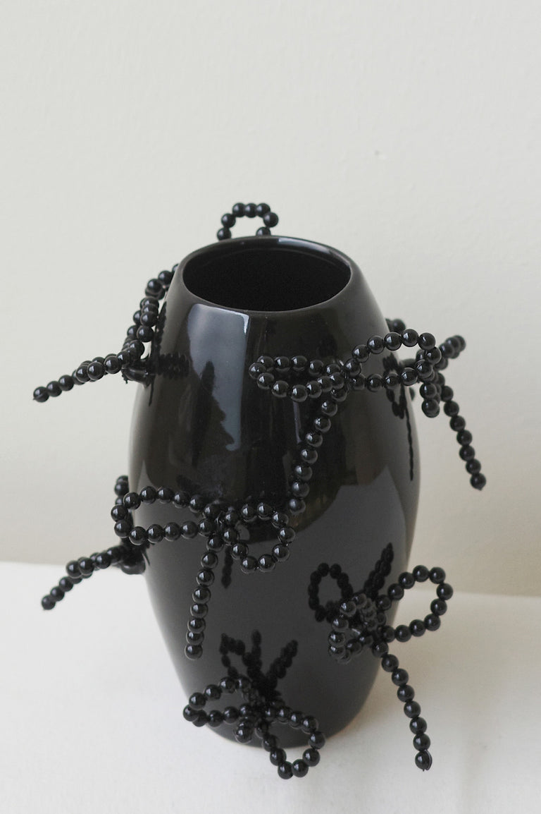 Pearly Pearl - Small Vase In Gloss Black w/ Faux Pearl Bows