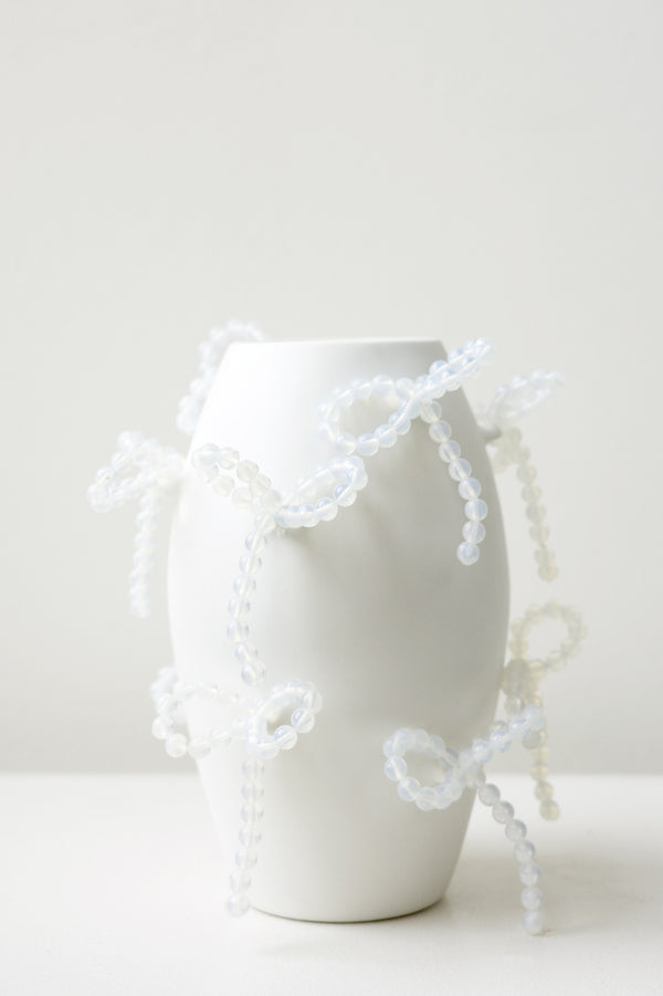 "Notsobig" Power, Corruption, Lies - Small Vase In Matte White w/ Iridescent Opalite Bows