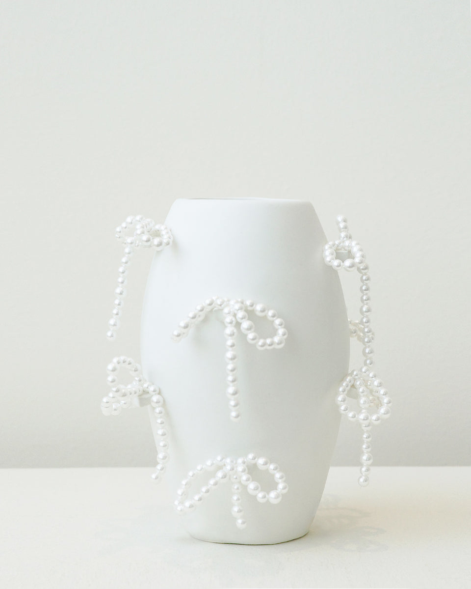 "Notsobig" Power, Corruption, Lies - Small Vase In Matte White w/ Faux Pearl Bows