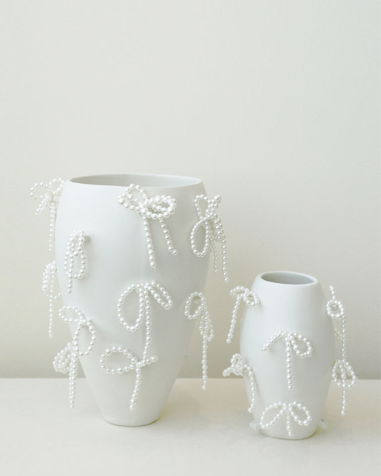 "Notsobig" Power, Corruption, Lies - Small Vase In Matte White w/ Faux Pearl Bows