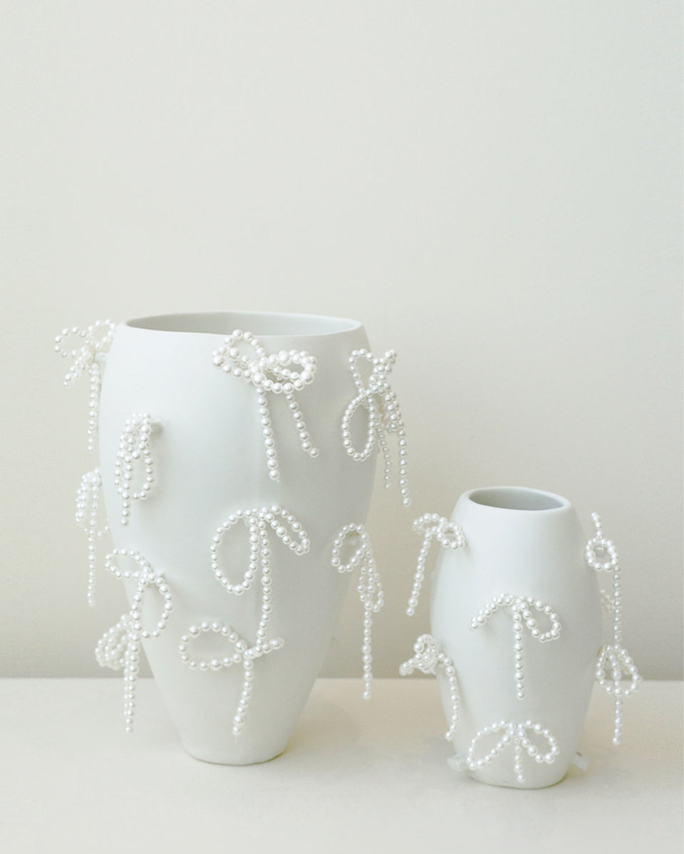 "Notsobig" Power, Corruption, Lies - Small Vase In Matte White w/ Faux Pearl Bows