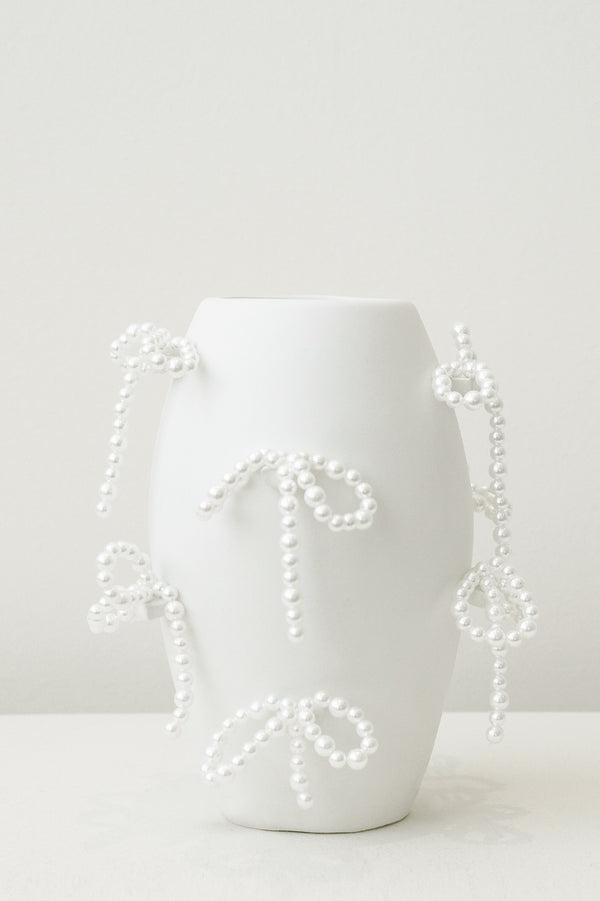 "Notsobig" Power, Corruption, Lies - Small Vase In Matte White w/ Faux Pearl Bows