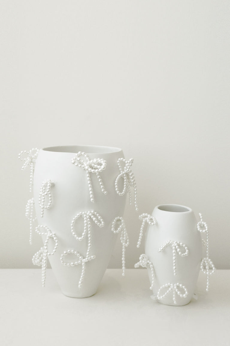 Power, Corruption, Lies - Large Vase In Matte White w/ Faux Pearl Bows