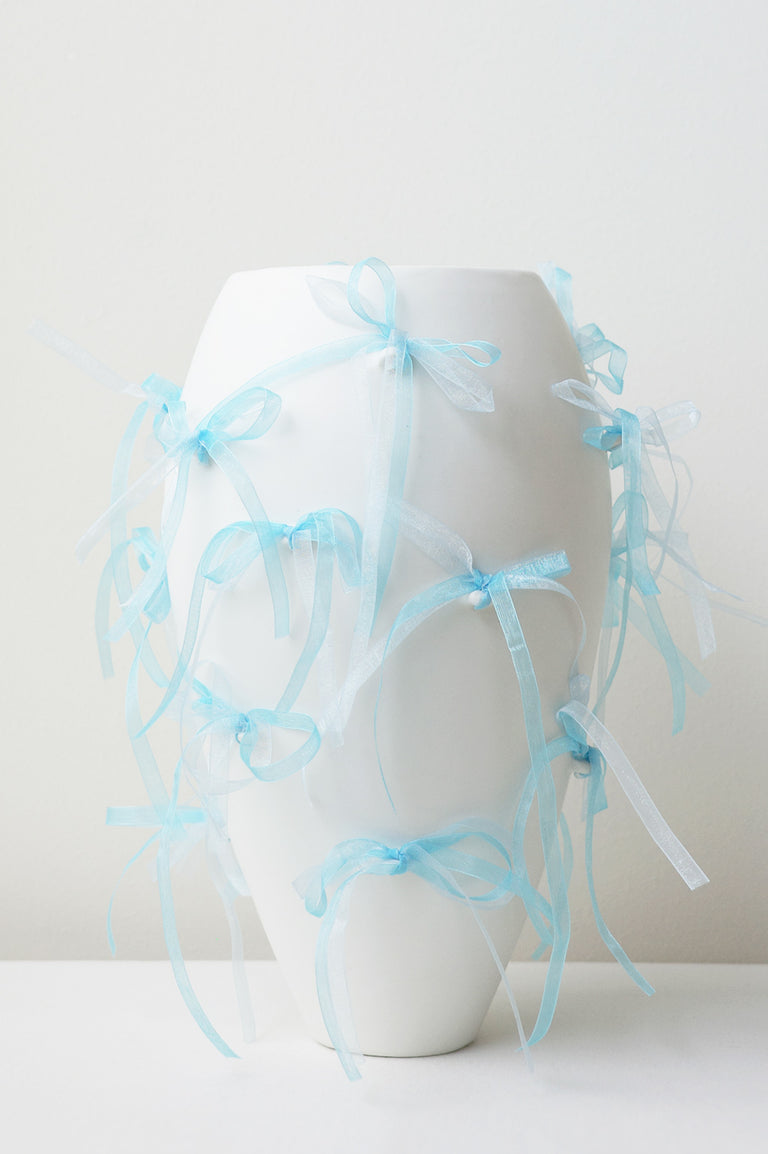 Pearly Pearl - Large Vase In Matte White w/ Organza Ribbon