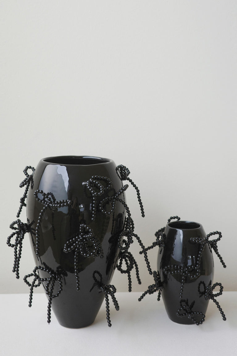 Power, Corruption, Lies - Large Vase In Gloss Black w/ Faux Pearl Bows