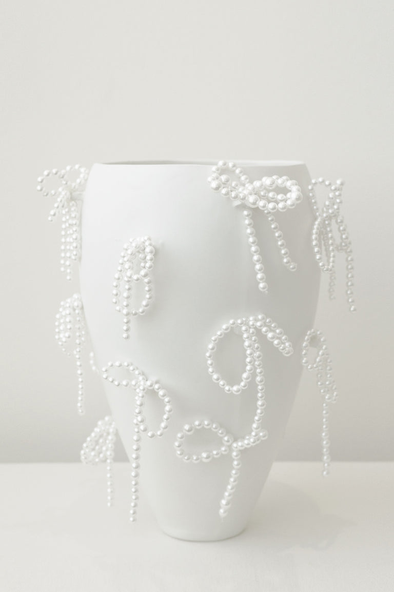 Power, Corruption, Lies - Large Vase In Matte White w/ Faux Pearl Bows