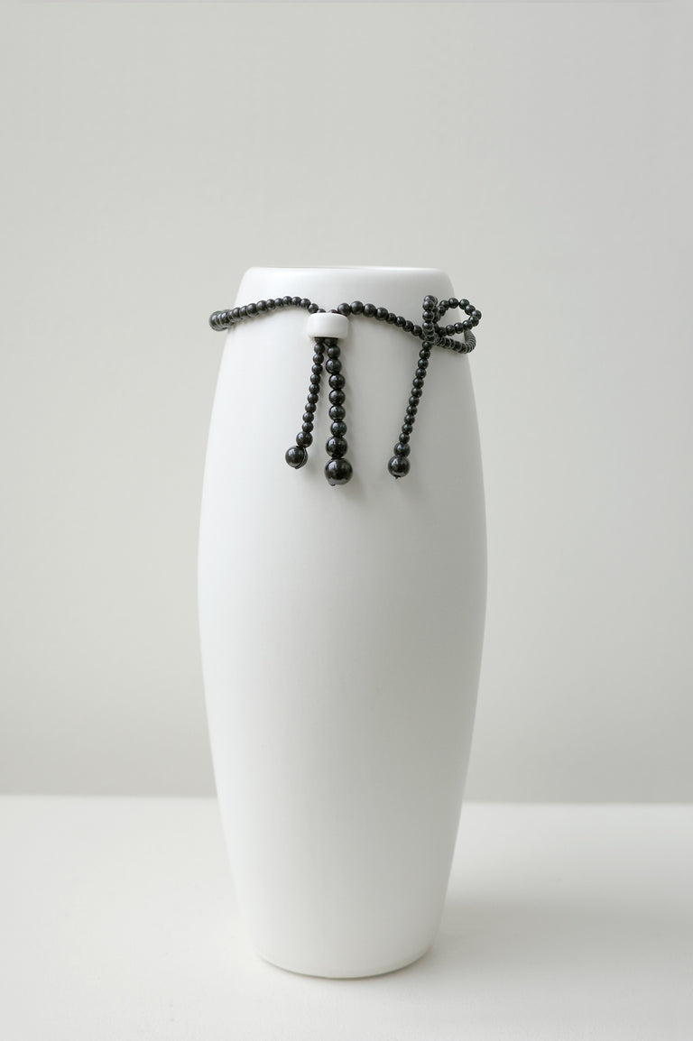 Where Time Thins - Medium Vase In Matte White w/ Black Faux Pearl