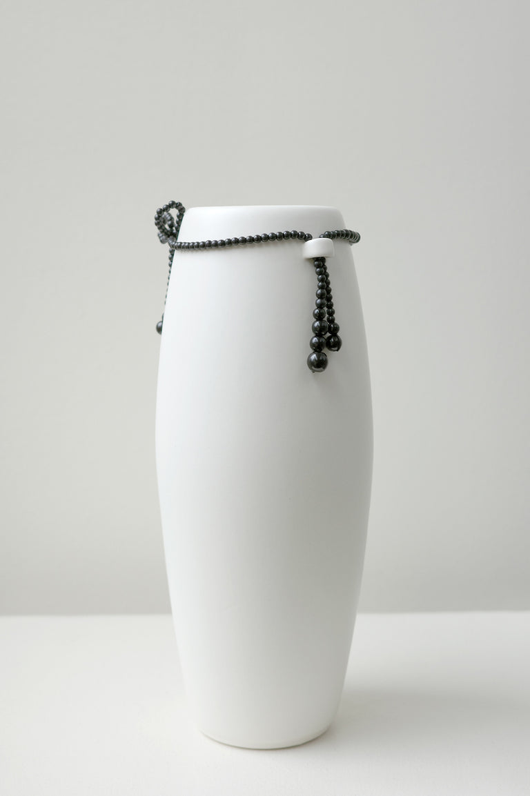 Where Time Thins - Medium Vase In Matte White w/ Black Faux Pearl