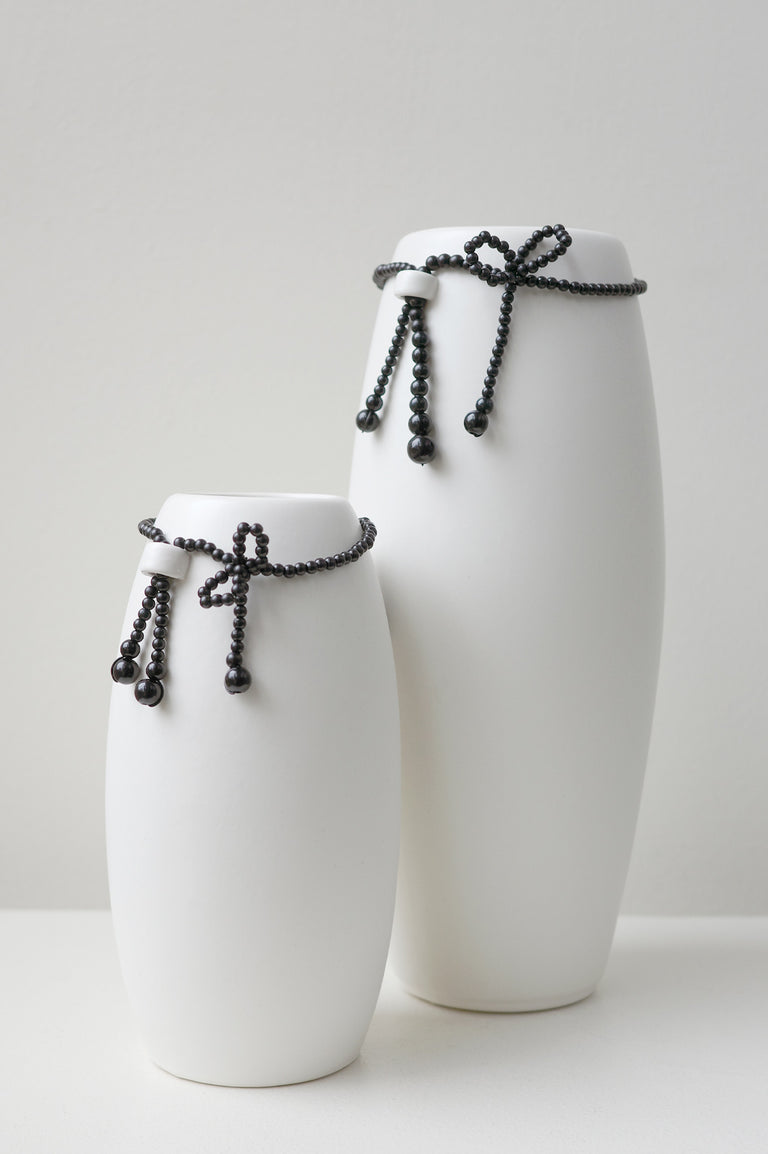 Where Time Thins - Medium Vase In Matte White w/ Black Faux Pearl
