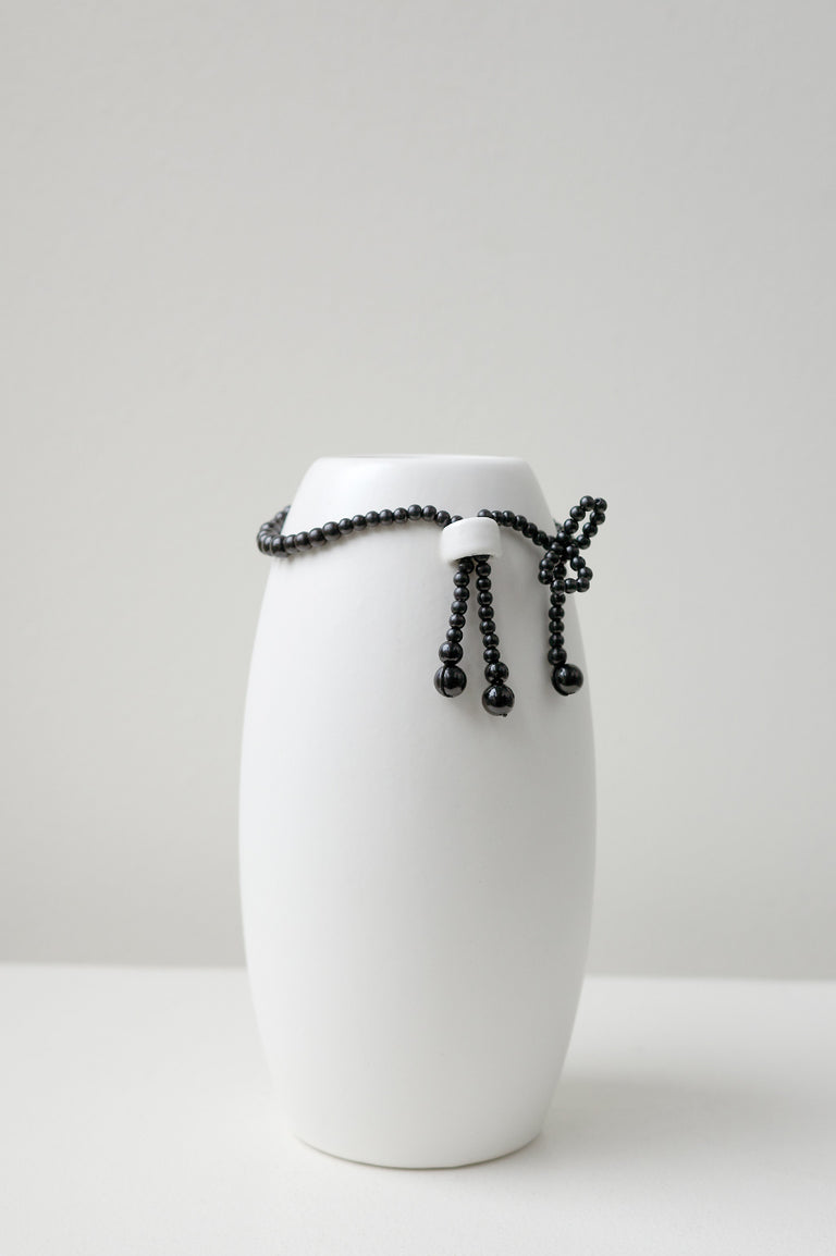 Where Time Thins - Small Vase In Matte White w/ Black Faux Pearl