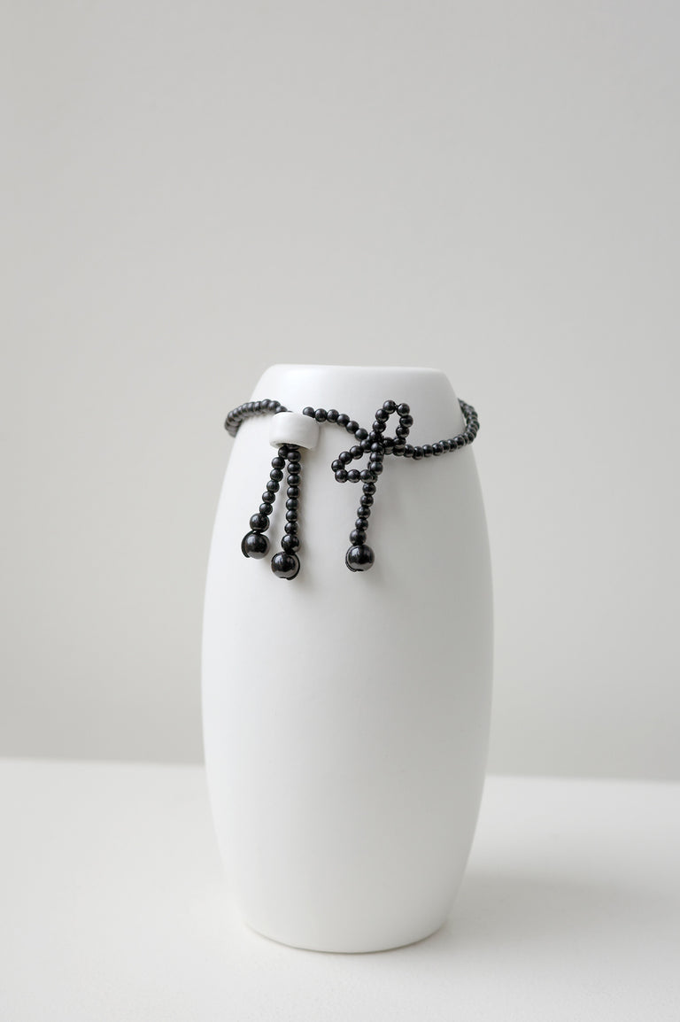 Where Time Thins - Small Vase In Matte White w/ Black Faux Pearl