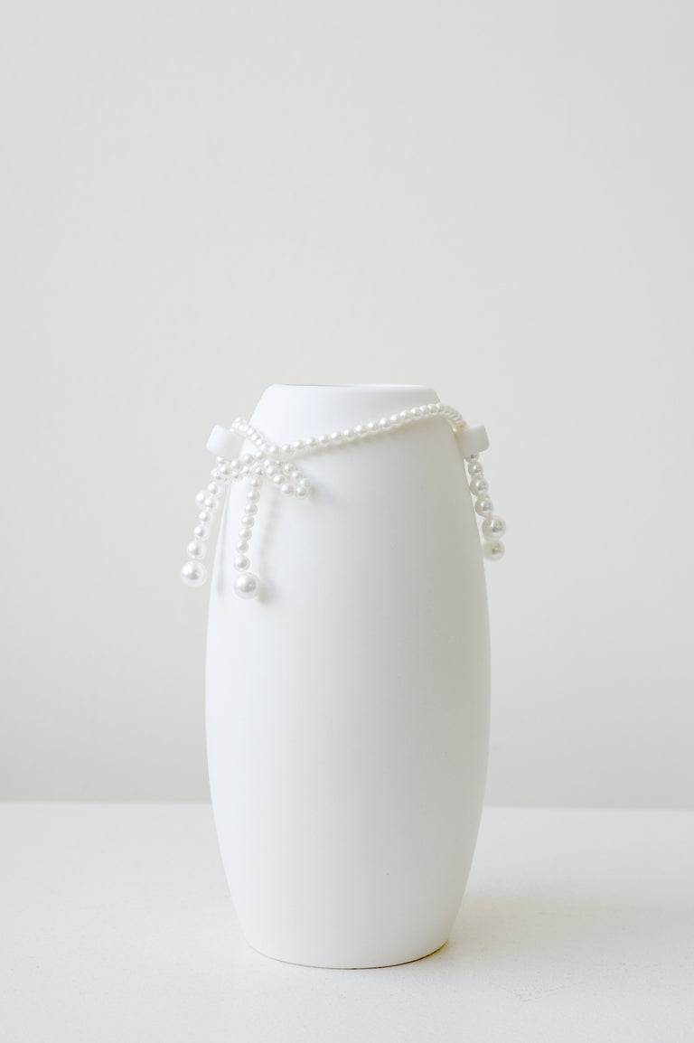 Where Time Thins - Small Vase In Matte White w/ Faux Pearl