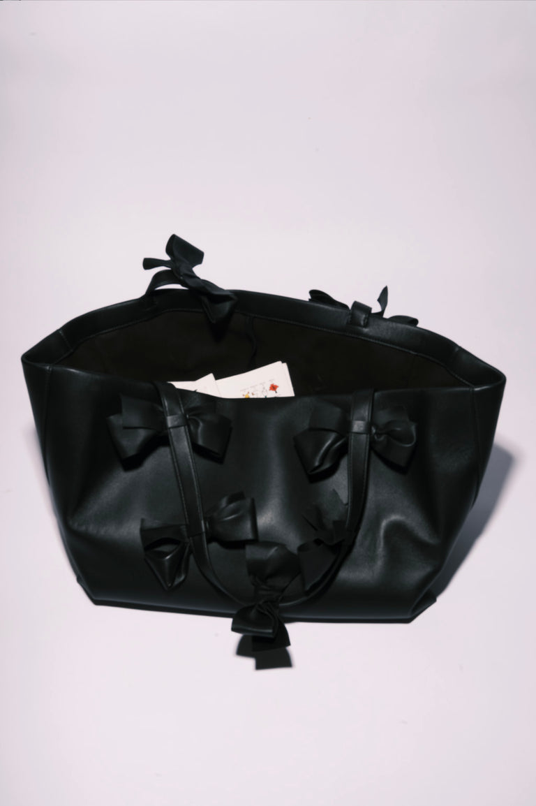 Bows - Large Black Deadstock Leather Tote Bag w/ Bows