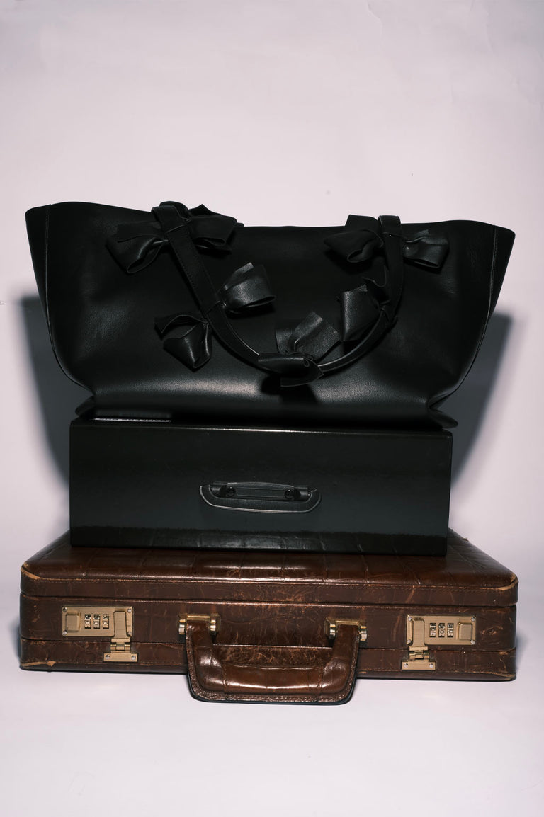 Bows - Large Black Deadstock Leather Tote Bag w/ Bows