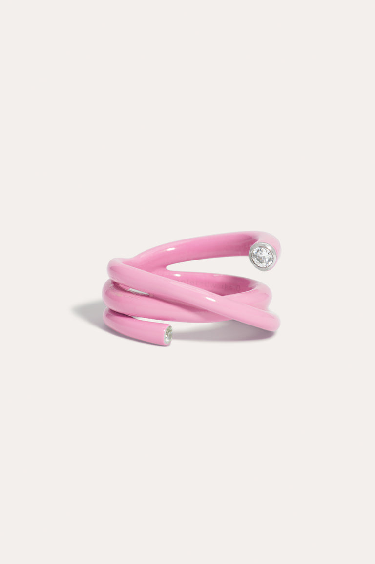 E04 - Pink Enamel and Zirconia Recycled silver Ring