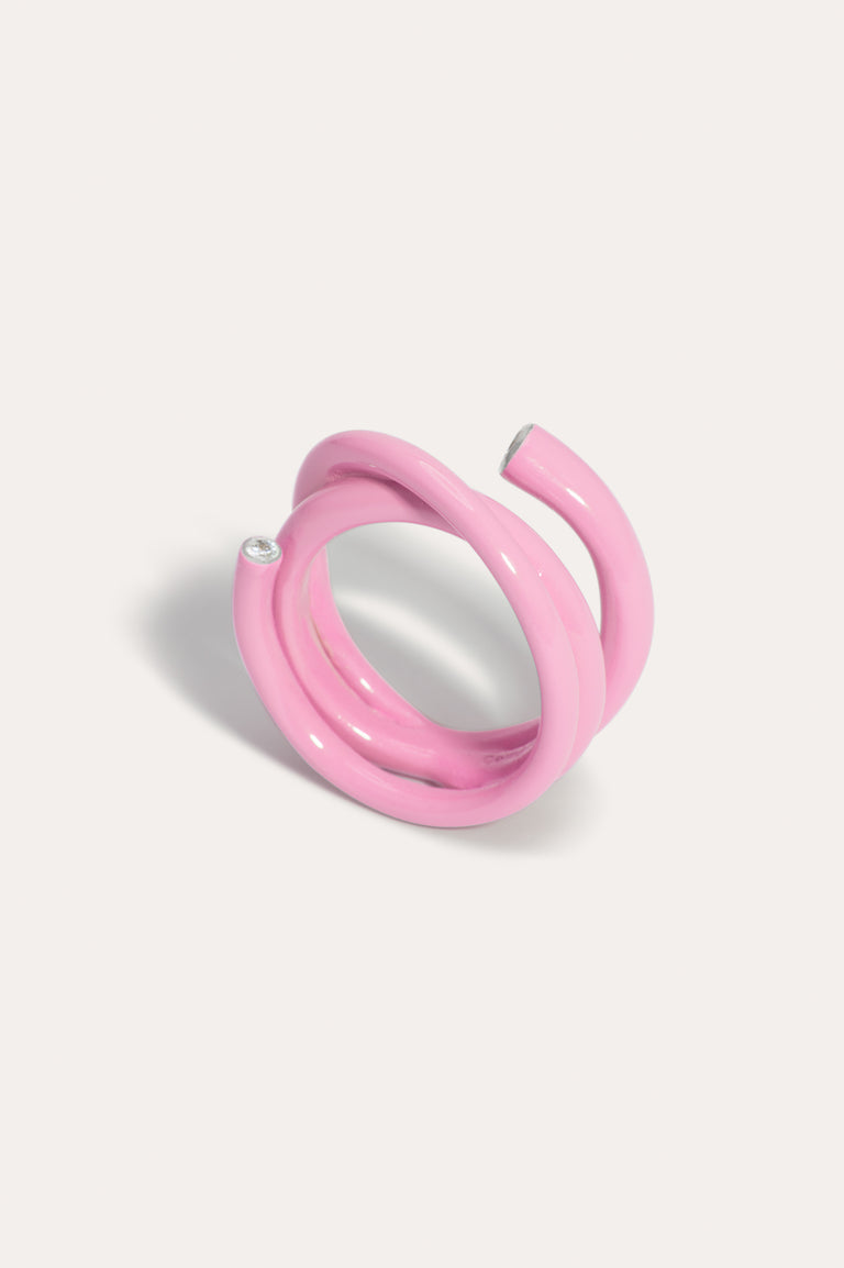 E04 - Pink Enamel and Zirconia Recycled silver Ring