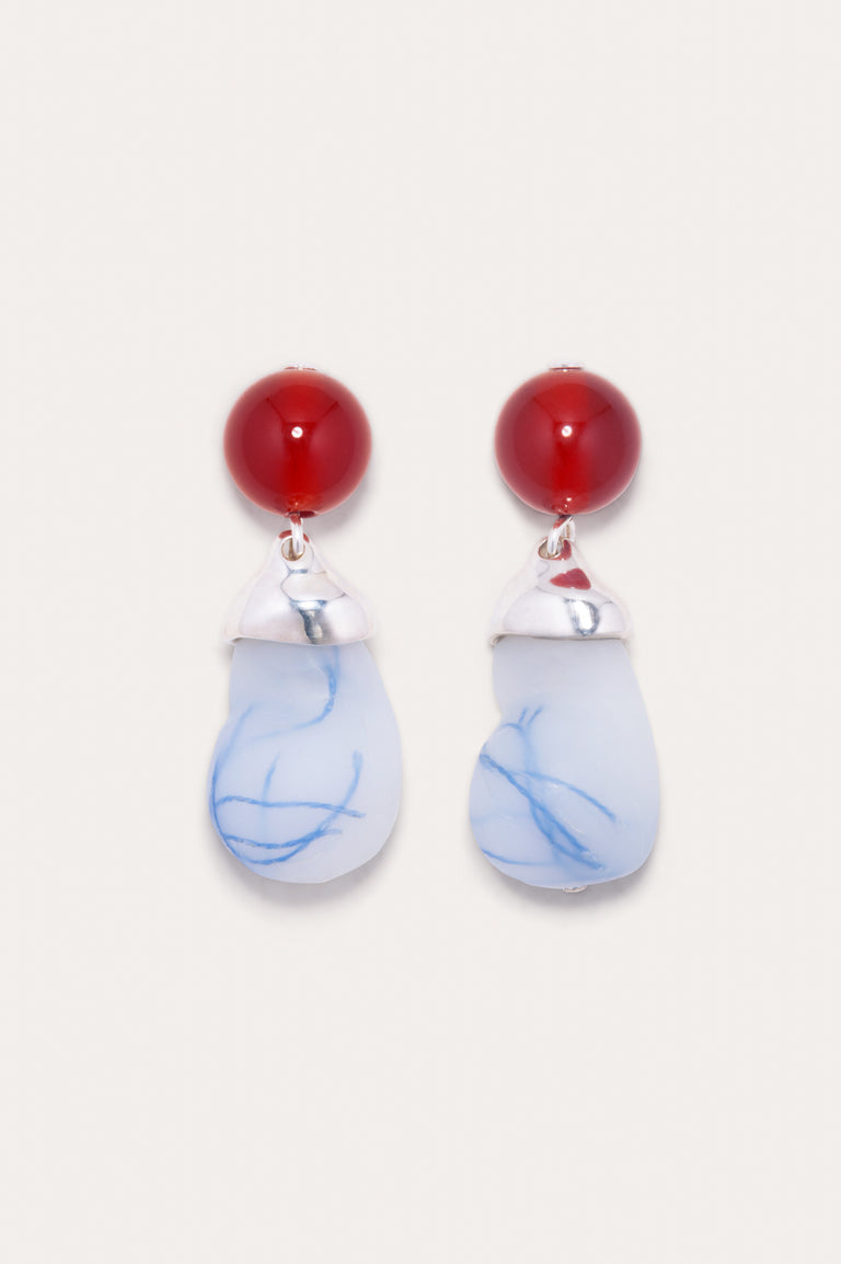 Beak - Blue Bio Resin and Red Lace Agate Recycled Silver Earrings